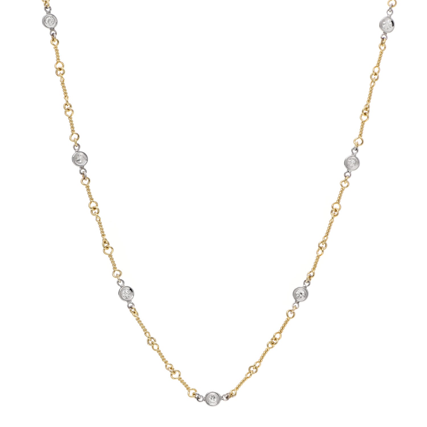 Roberto Coin 18K Yellow White Gold Diamond By the Inch Seven Station Dog Bone Necklace 1 of 5