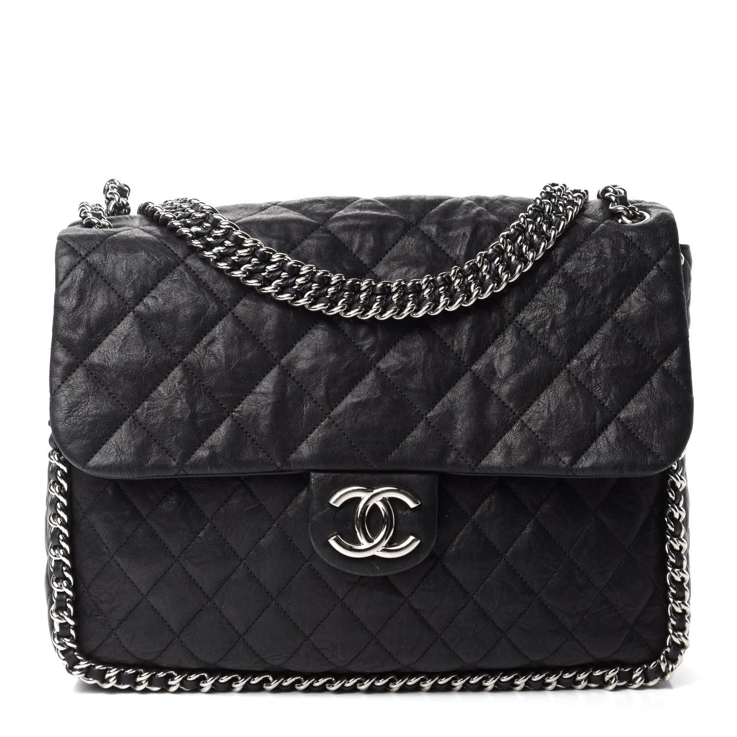 Washed Lambskin Quilted Maxi Chain Around Flap Black