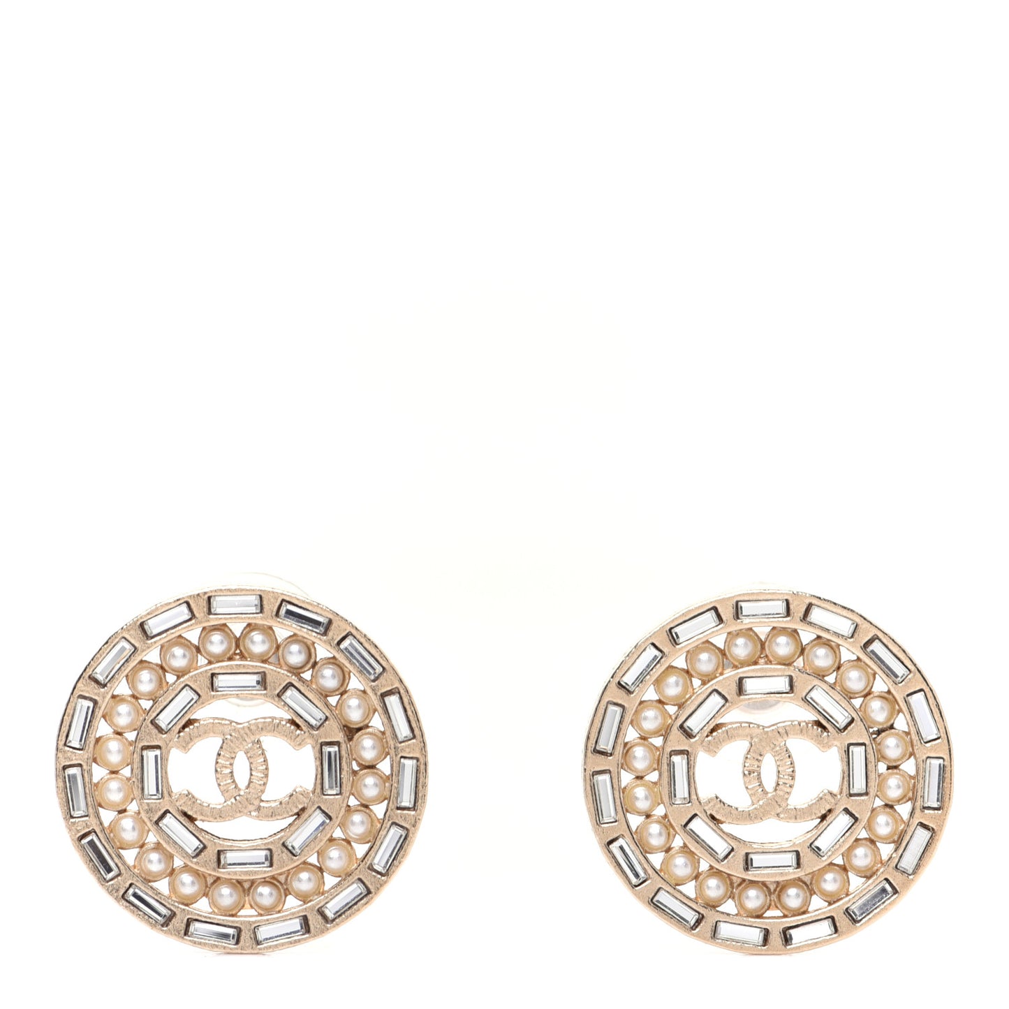 Pearl Crystal Baguette CC Round Earrings Gold