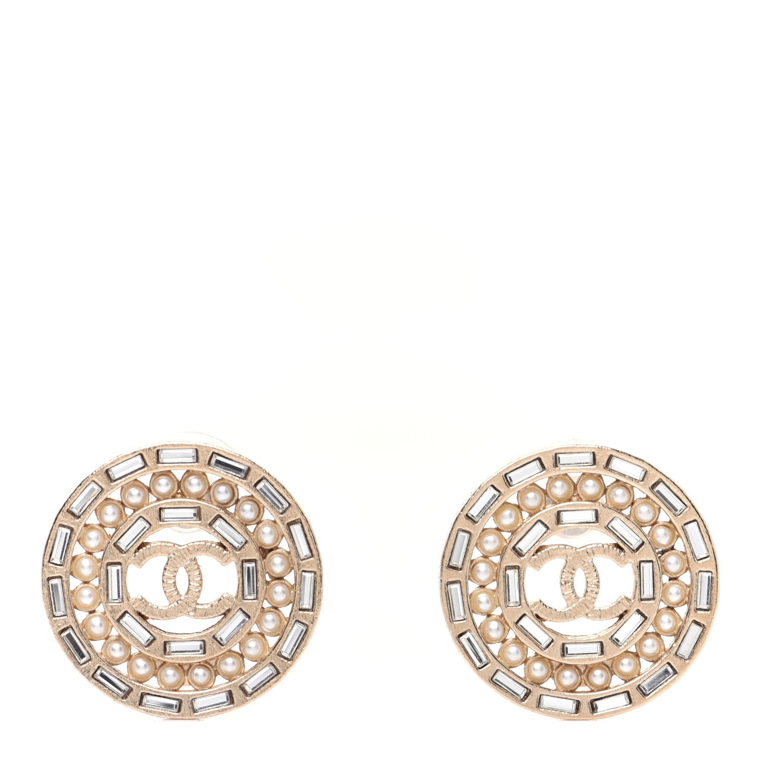 Chanel Pearl Crystal Baguette CC Round Earrings Gold 1 of 11