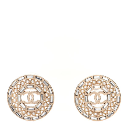 Chanel Pearl Crystal Baguette CC Round Earrings Gold 1 of 11