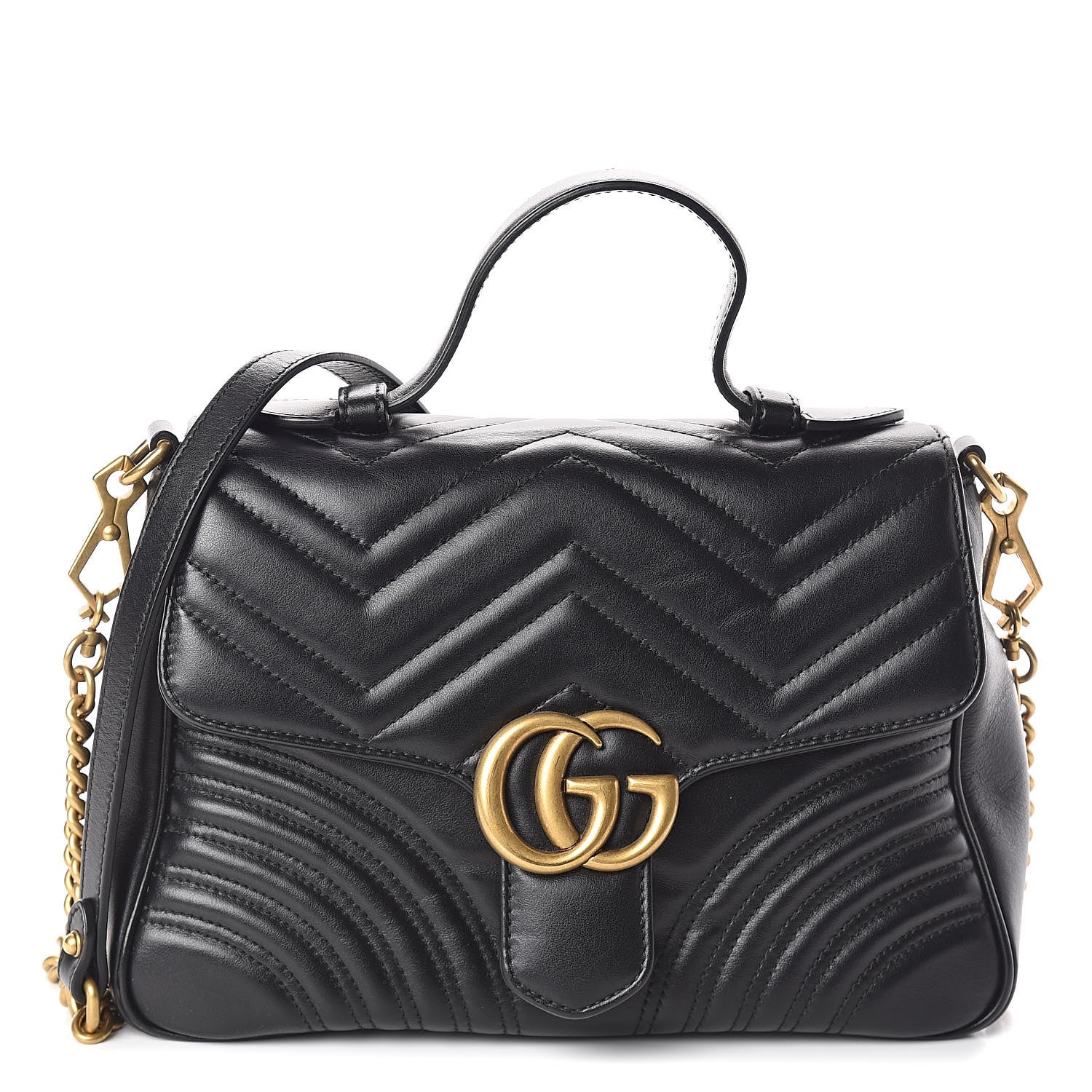 Gucci Calfskin Matelasse Small GG Marmont Top Handle Shoulder Bag Black 1 of 9