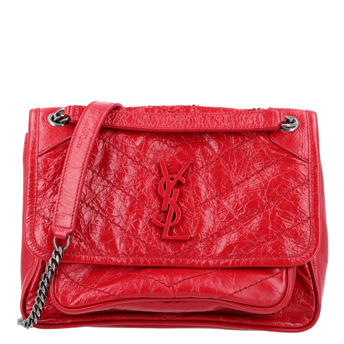 Crinkled Calfskin Matelasse Monogram Baby Niki Chain Satchel Rouge Eros