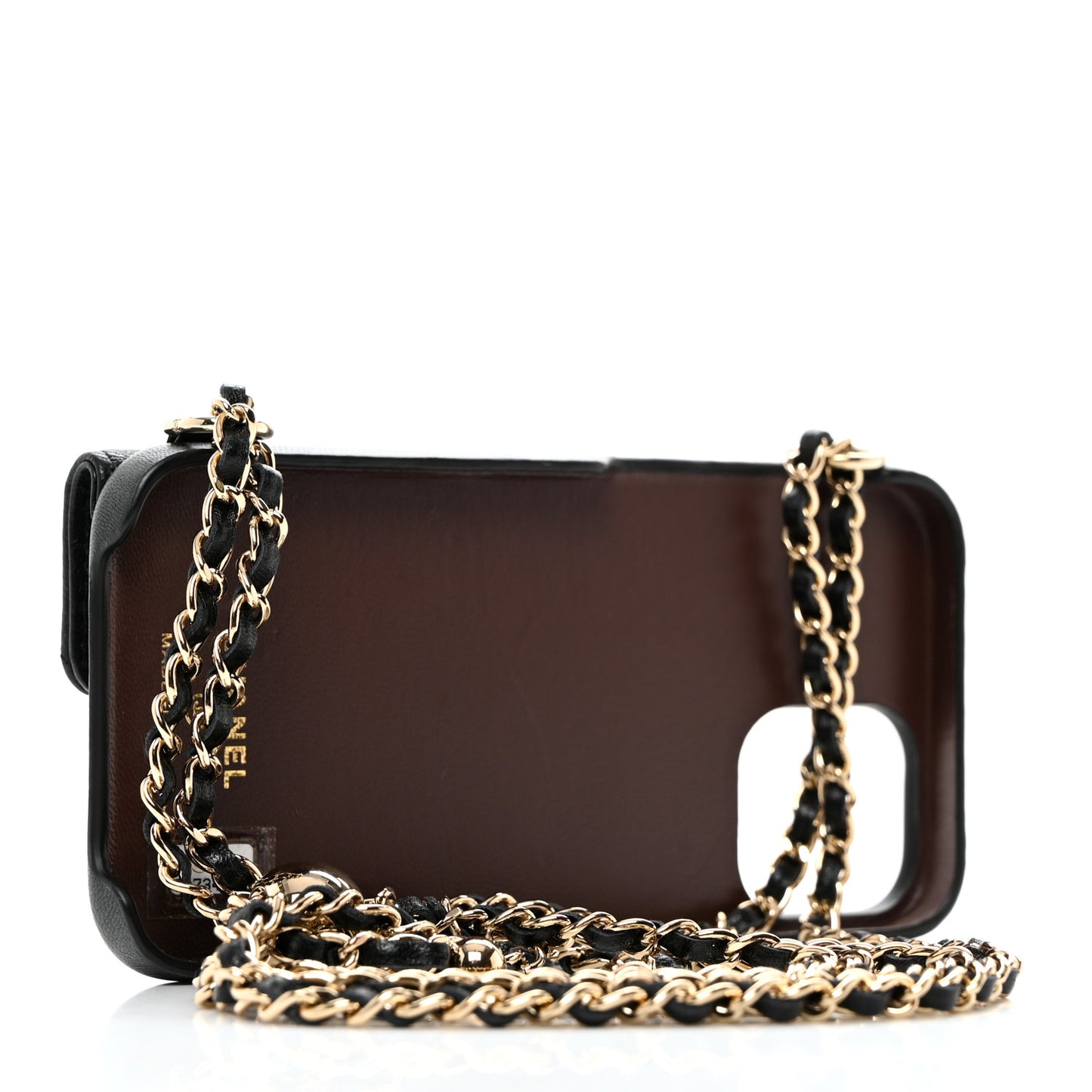 Lambskin Quilted Pearl Crush iPhone XII Pro Holder With Chain Black