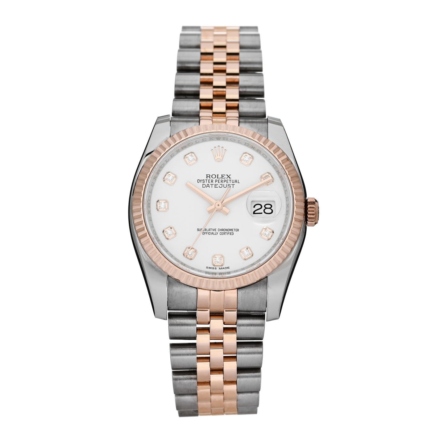 Stainless Steel 18K Everose Gold Diamond 36mm Oyster Perpetual Datejust Watch White 116231