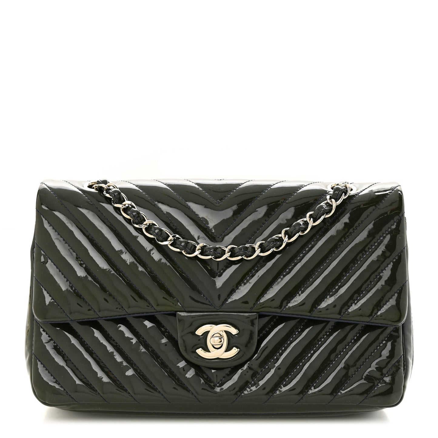 Patent Chevron Quilted Medium Double Flap Navy