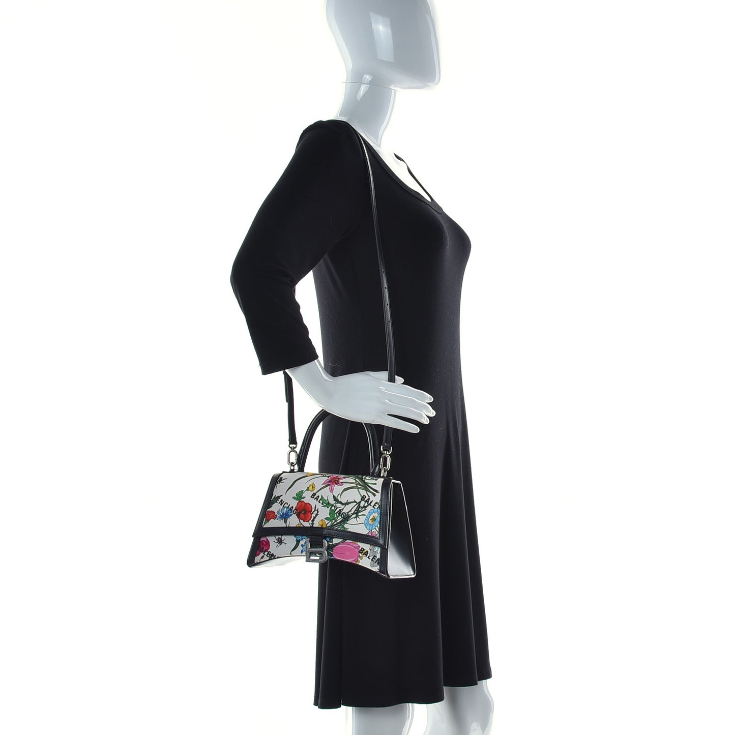 X GUCCI Canvas Boarded Plutone Calfskin Flora Logo Print Small Hourglass Top Handle Bag White Multicolor Black