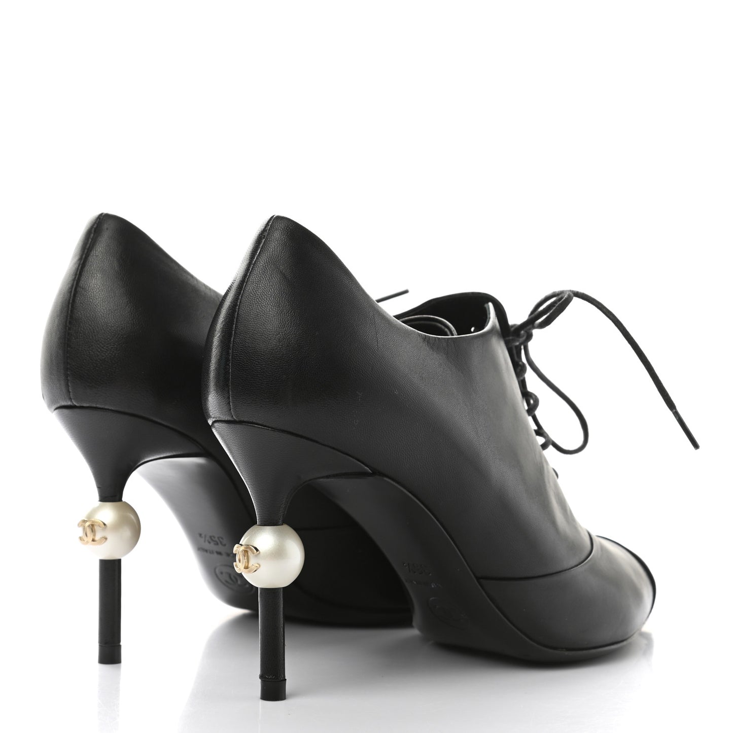 Lambskin Grosgrain Pearl Oxford Lace Up Ankle Booties 35.5 Black