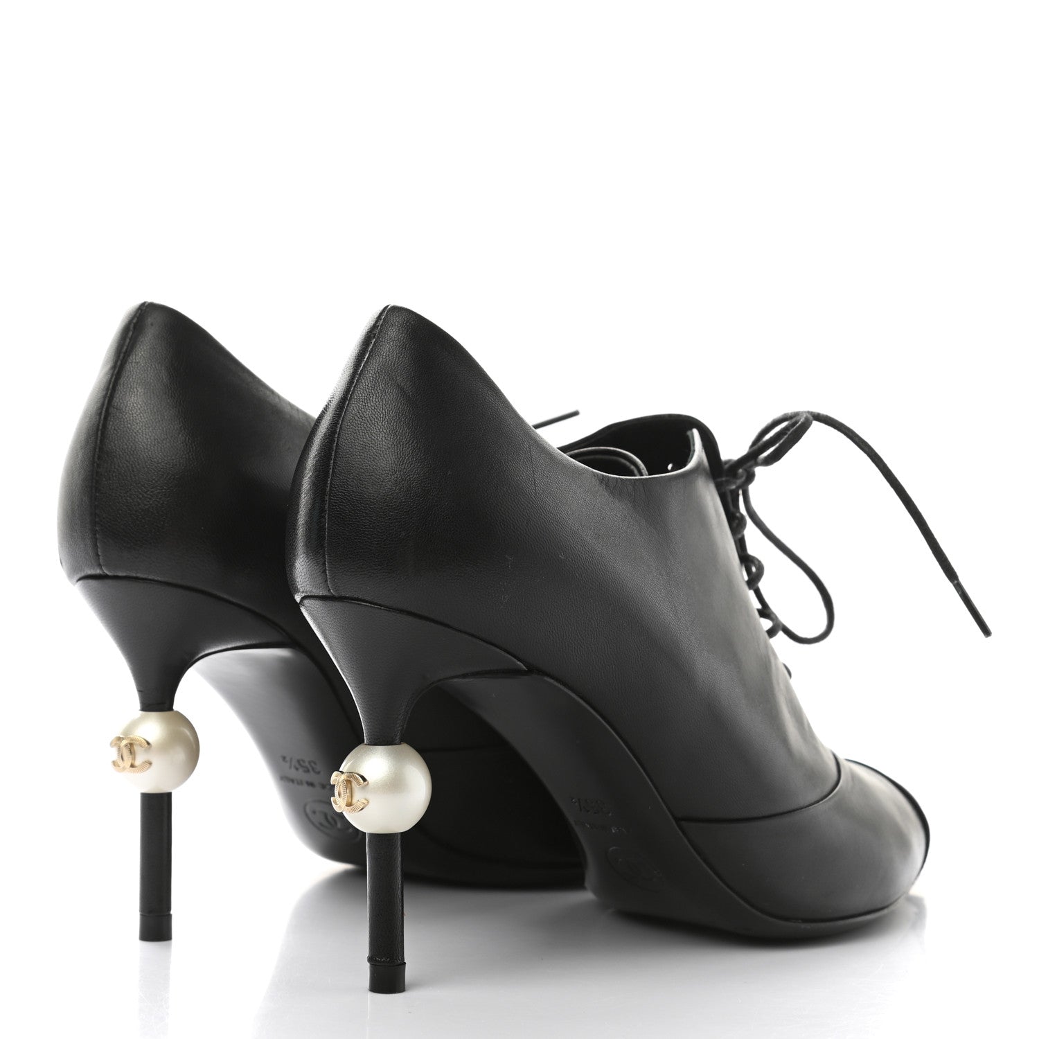 Chanel Lambskin Grosgrain Pearl Oxford Lace Up Ankle Booties 35.5 Black 4 of 10