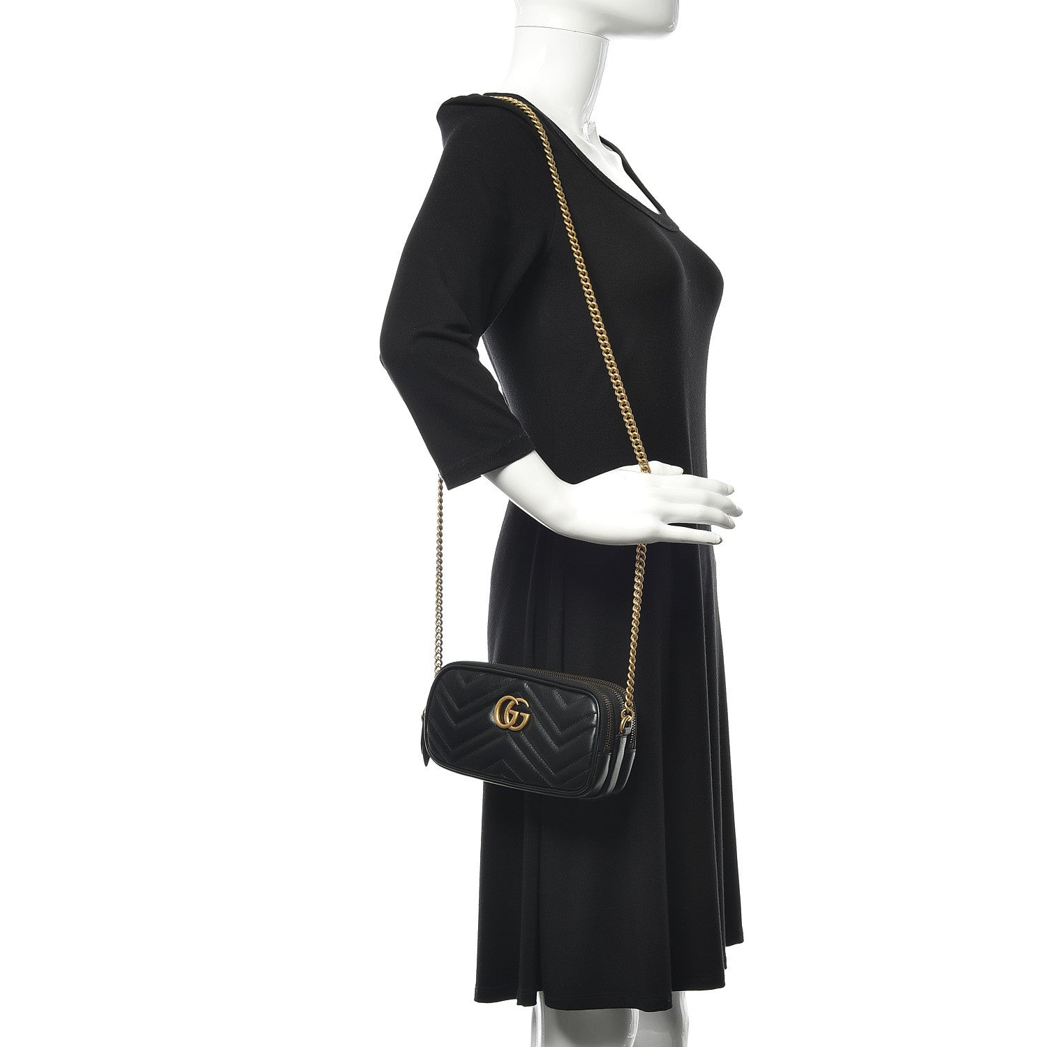 Gucci Calfskin Matelasse Mini GG Marmont Chain Crossbody Bag Black 2 of 13