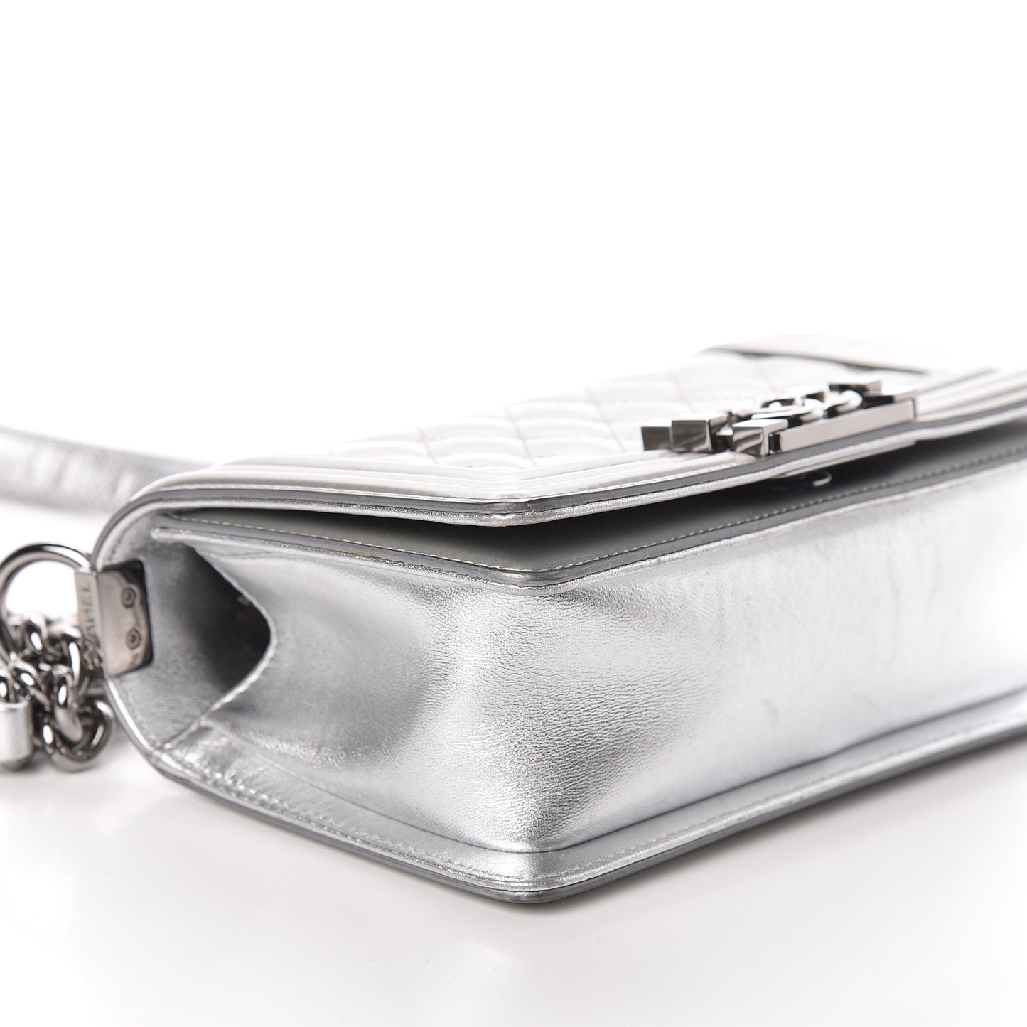Metallic Patent Calfskin Quilted Small Boy Flap Silver