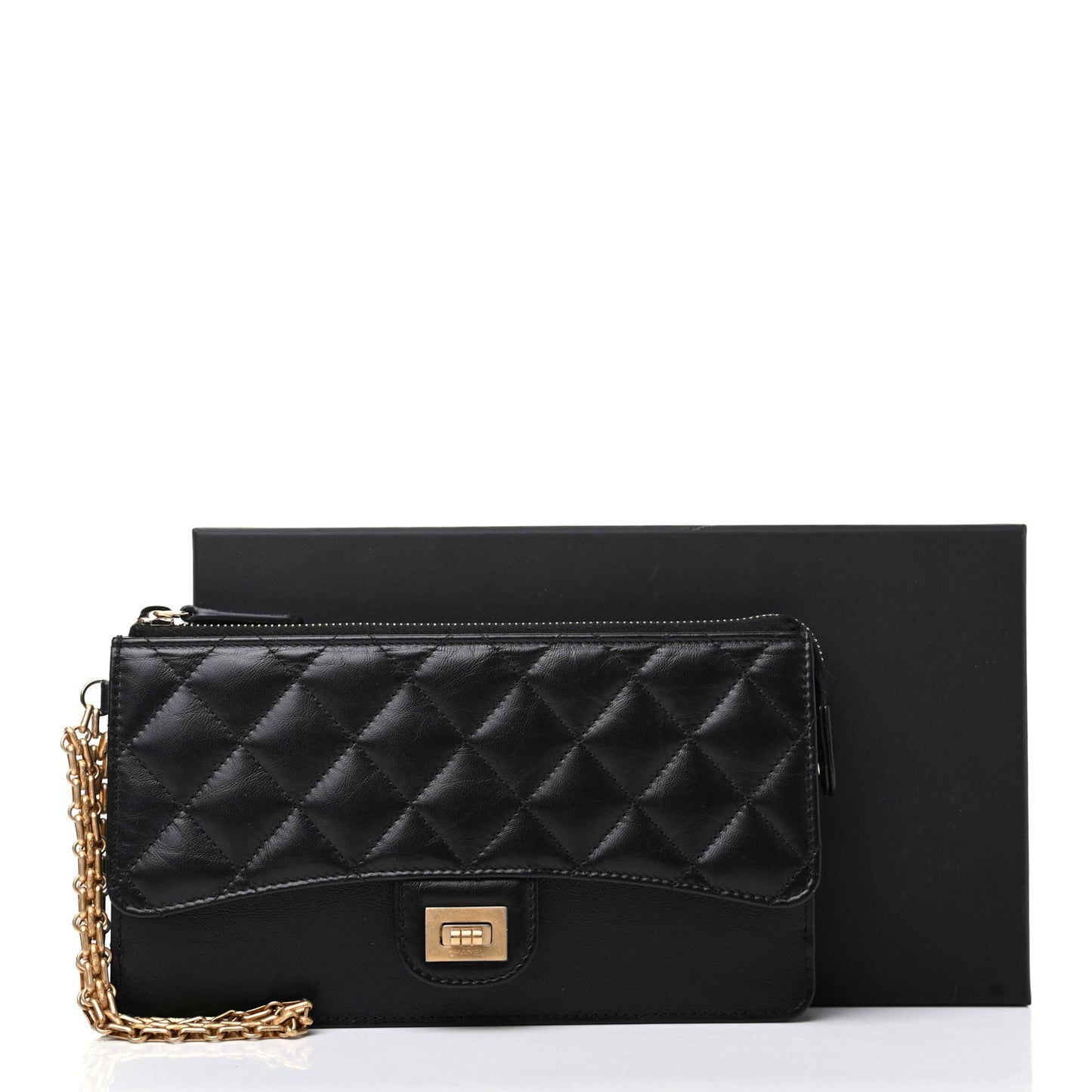 Aged Calfskin Quilted 2.55 Reissue Pouch With Chain Handle Black