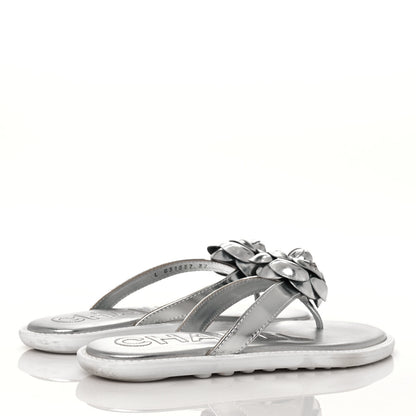 Chanel Iridescent Patent Calfskin Camellia Thong Sandals 37 Silver 4 of 8