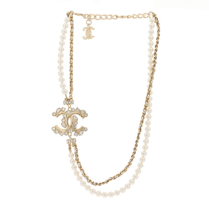 Chanel Pearl Crystal Baguette Lambskin CC Double Strand Necklace Gold White 3 of 5