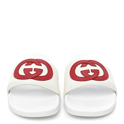 Gucci Nappa Miro Soft Calfskin Womens Interlocking G Slide Sandals 37 Great White Hibiscus Red 2 of 9