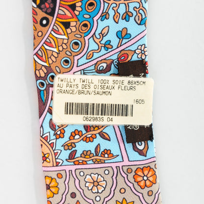 Hermes Silk Au Pays Des Oiseaux Fleurs Twilly Orange Brun Saumon 5 of 6
