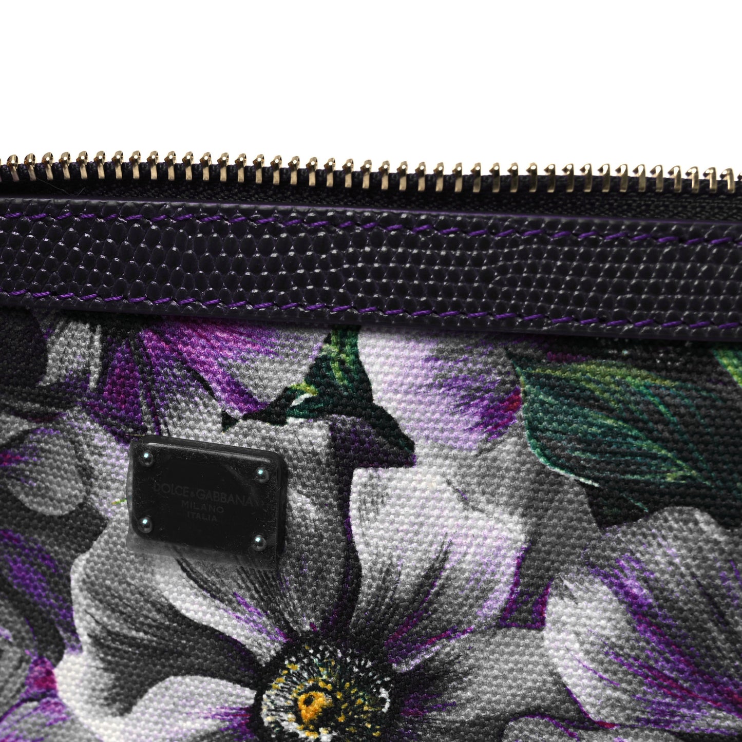 Canvas Vitello Iguana Embossed Anemone Print Pouch Purple
