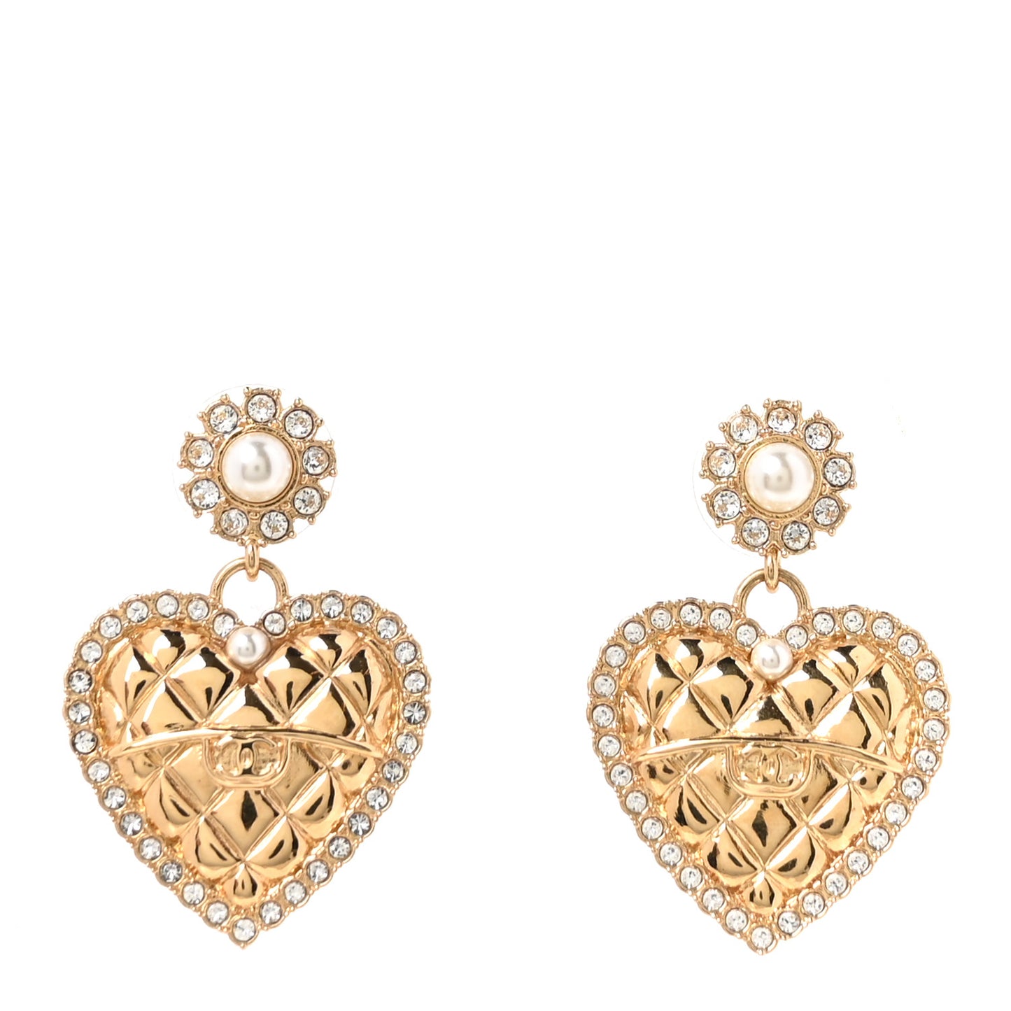 Pearl Crystal Quilted CC Heart Drop Earrings Gold