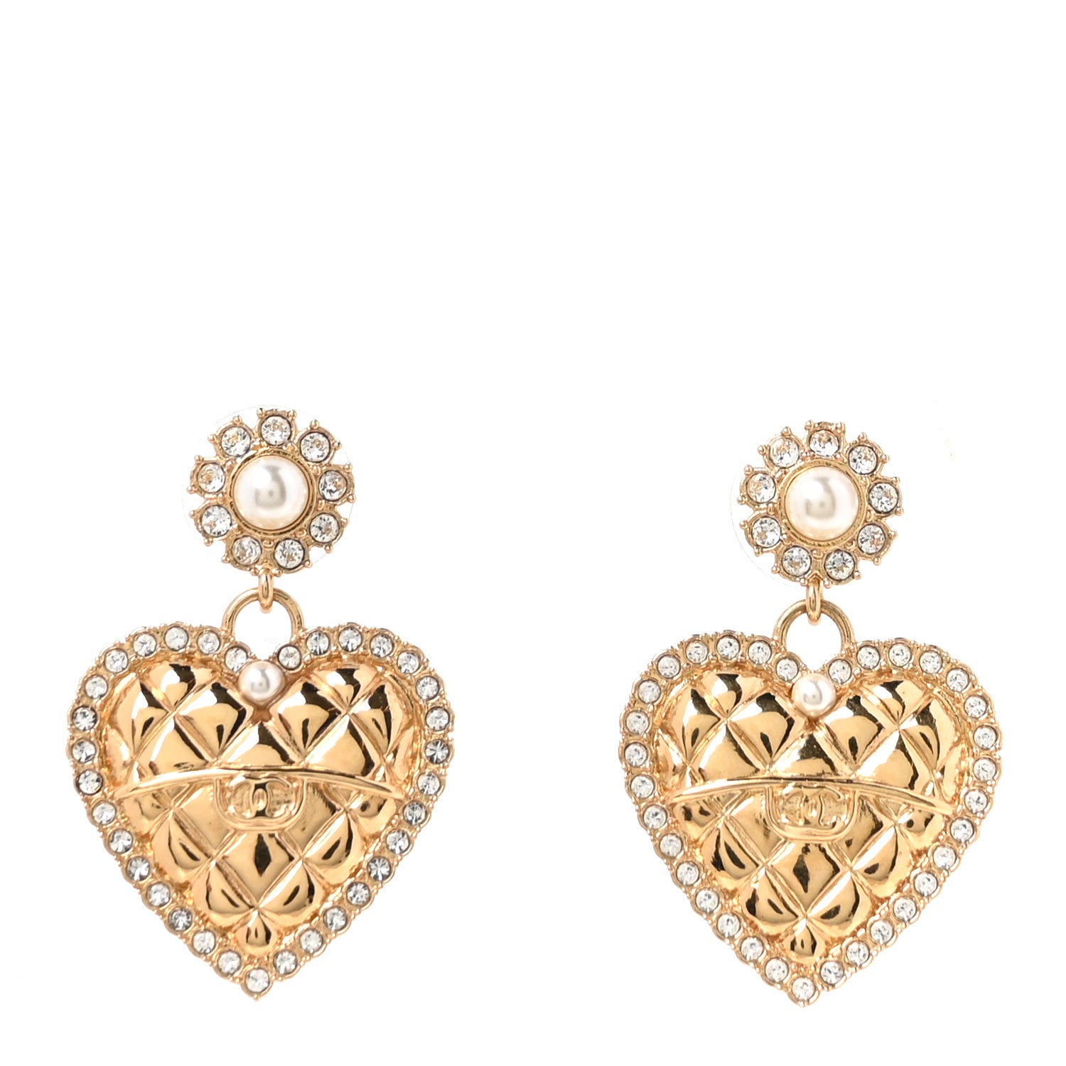 Chanel Pearl Crystal Quilted CC Heart Drop Earrings Gold 1 of 5