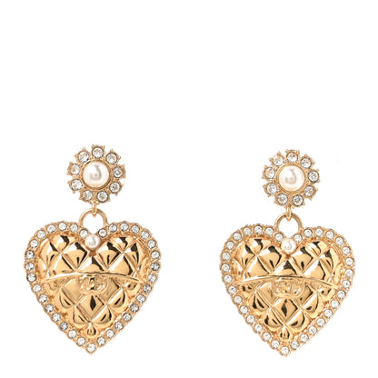 Chanel Pearl Crystal Quilted CC Heart Drop Earrings Gold 1 of 5