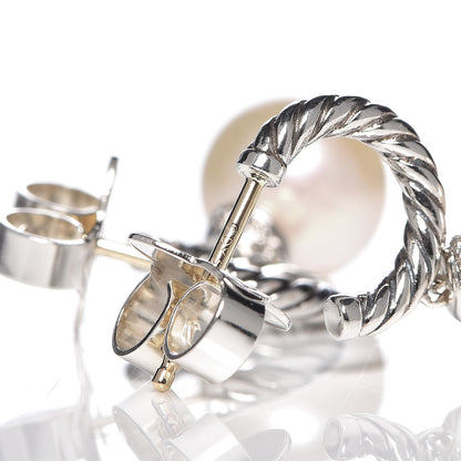 David Yurman Sterling Silver 14K Yellow Gold Freshwater Pearl Diamond Cable Hoop Earrings 4 of 4