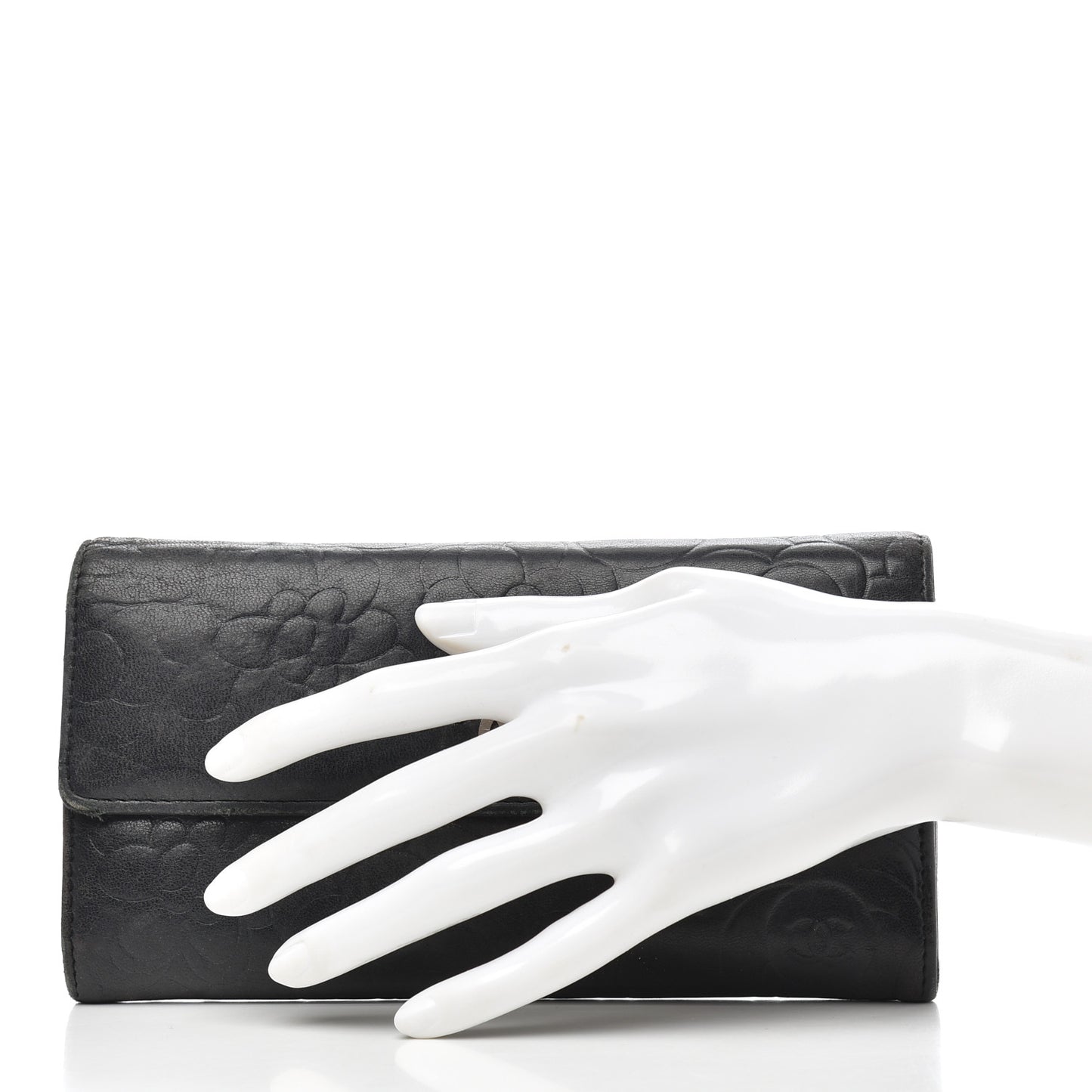 Lambskin Camellia Embossed Large Gusset Flap Wallet Black
