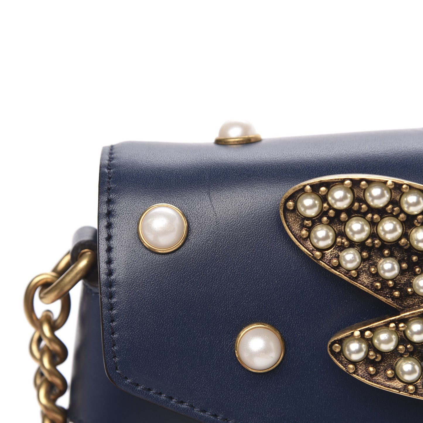 Nappa Pearl Studded Mini Queen Margaret Broadway Shoulder Bag Blue Agata