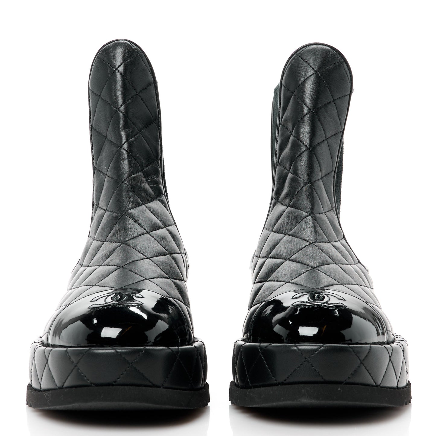Lambskin Patent CC Cap Toe Quilted Short Platform Boots 37 Black