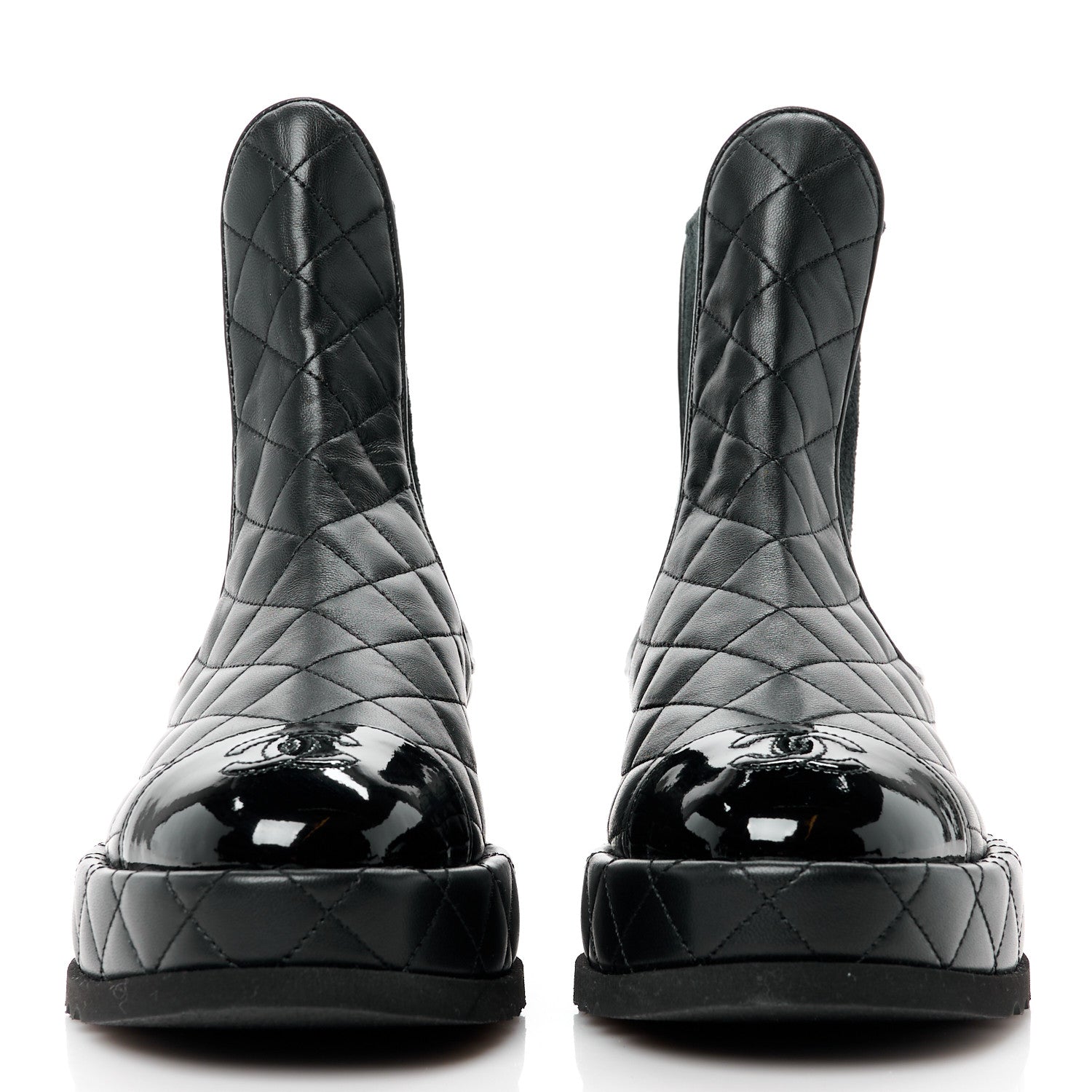 Chanel Lambskin Patent CC Cap Toe Quilted Short Platform Boots 37 Black 2 of 8