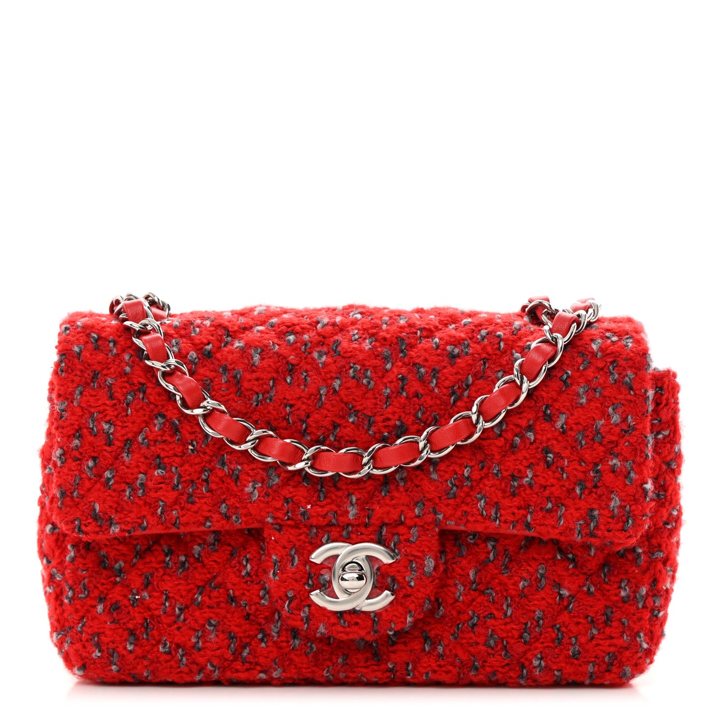 Tweed Quilted Mini Rectangular Flap Red Grey