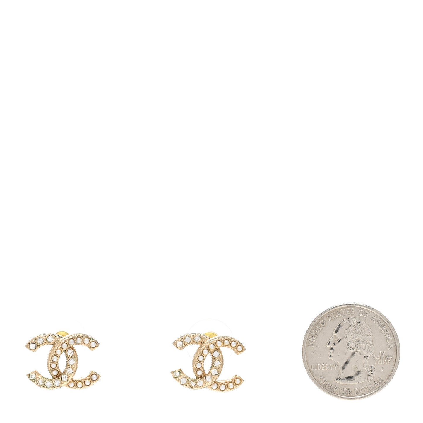 Pearl Crystal CC Stud Earrings Gold