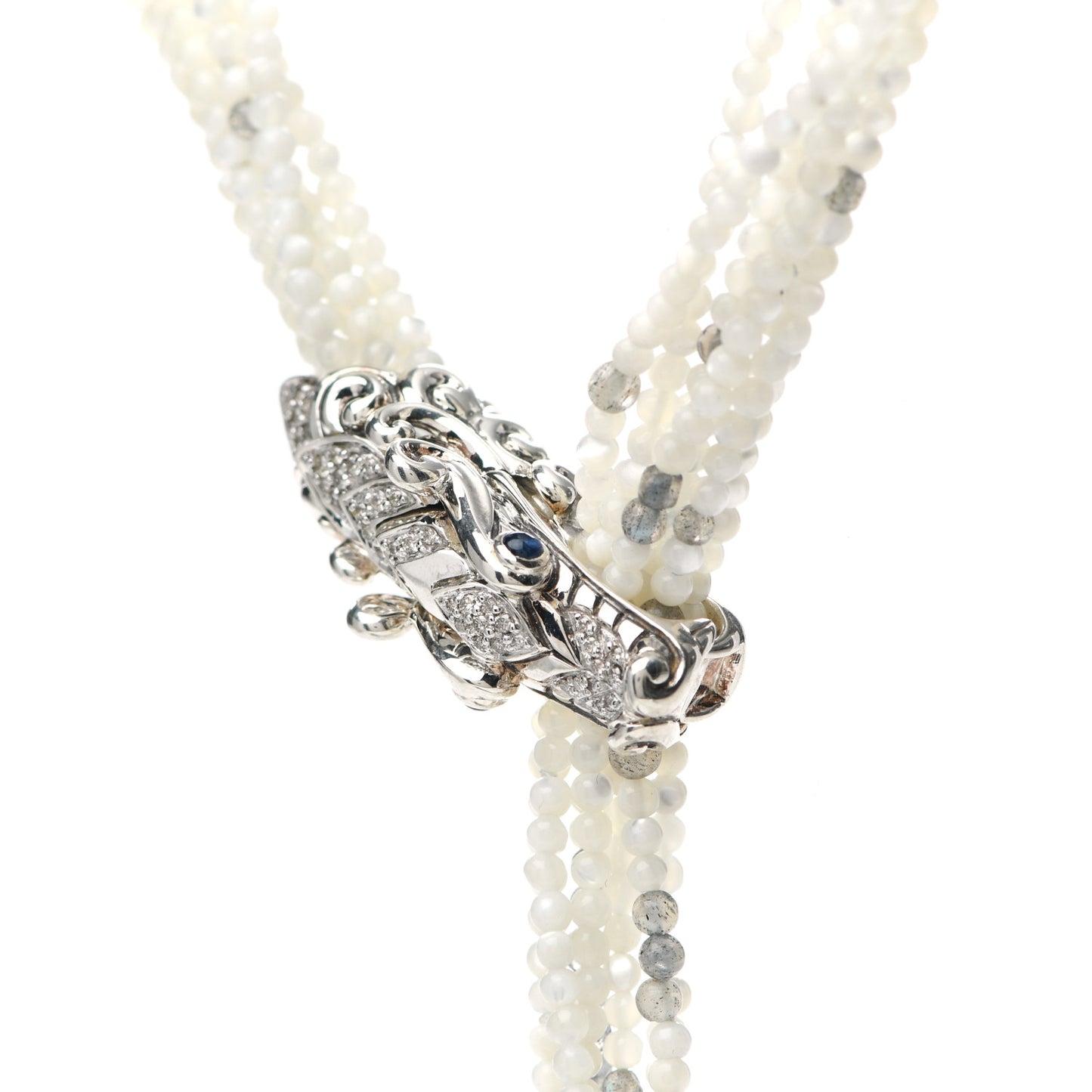 Sterling Silver Sapphire Diamond Labradorite Mother of Pearl Legends Naga Dragon Lariat Necklace