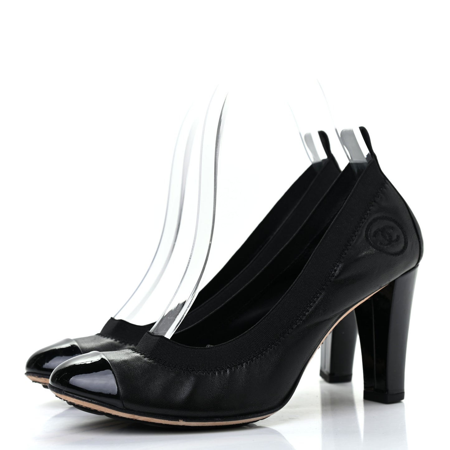 Lambskin Patent CC Elastic Cap Toe Ballerina Pumps 37 Black