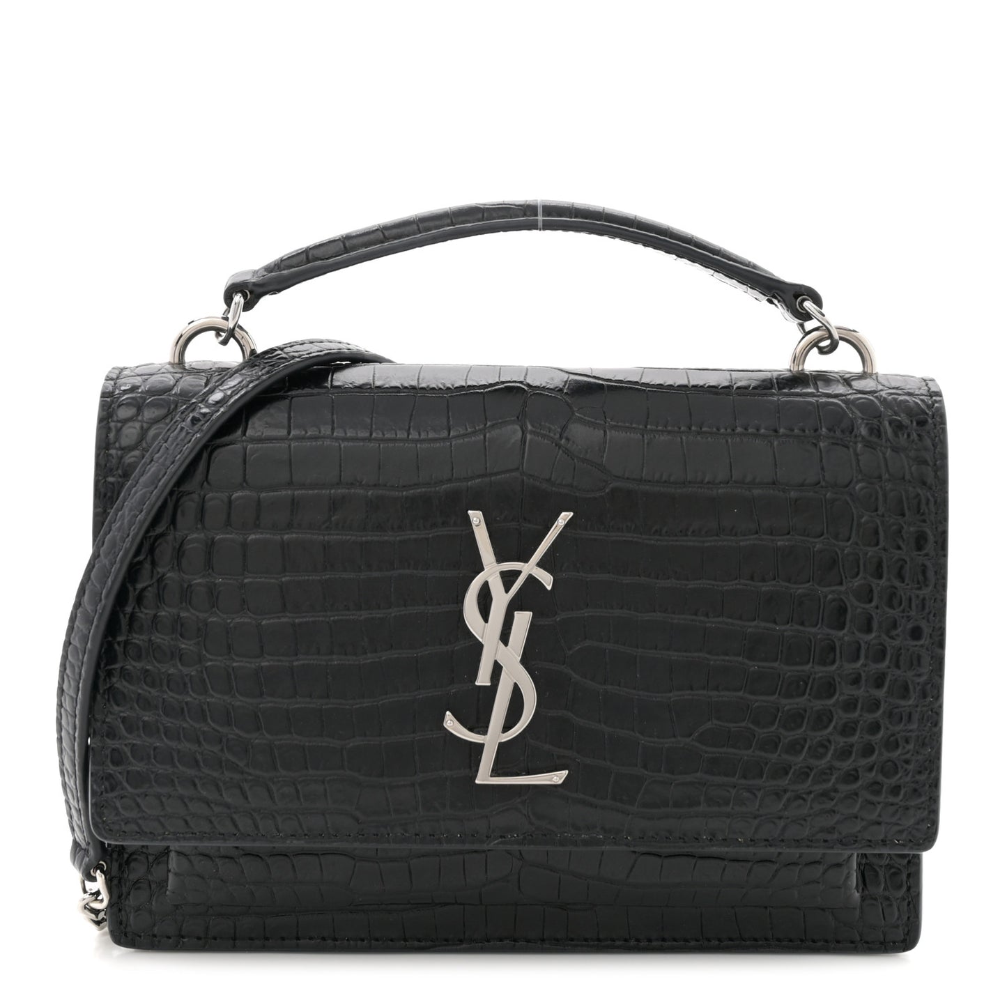 Calfskin Crocodile Embossed Monogram Sunset Top Handle Chain Wallet Black