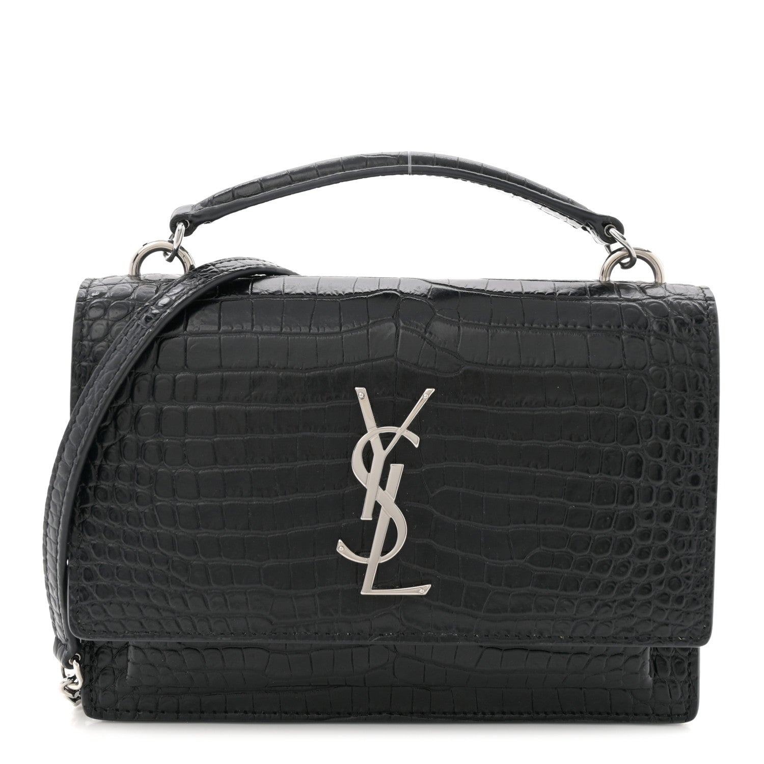 Saint Laurent Calfskin Crocodile Embossed Monogram Sunset Top Handle Chain Wallet Black 1 of 10