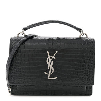 Saint Laurent Calfskin Crocodile Embossed Monogram Sunset Top Handle Chain Wallet Black 1 of 10