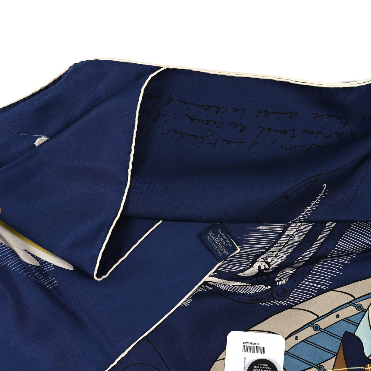 Silk Le Pegase D'Hermes Shawl 140 Bleu Marine Jaune White