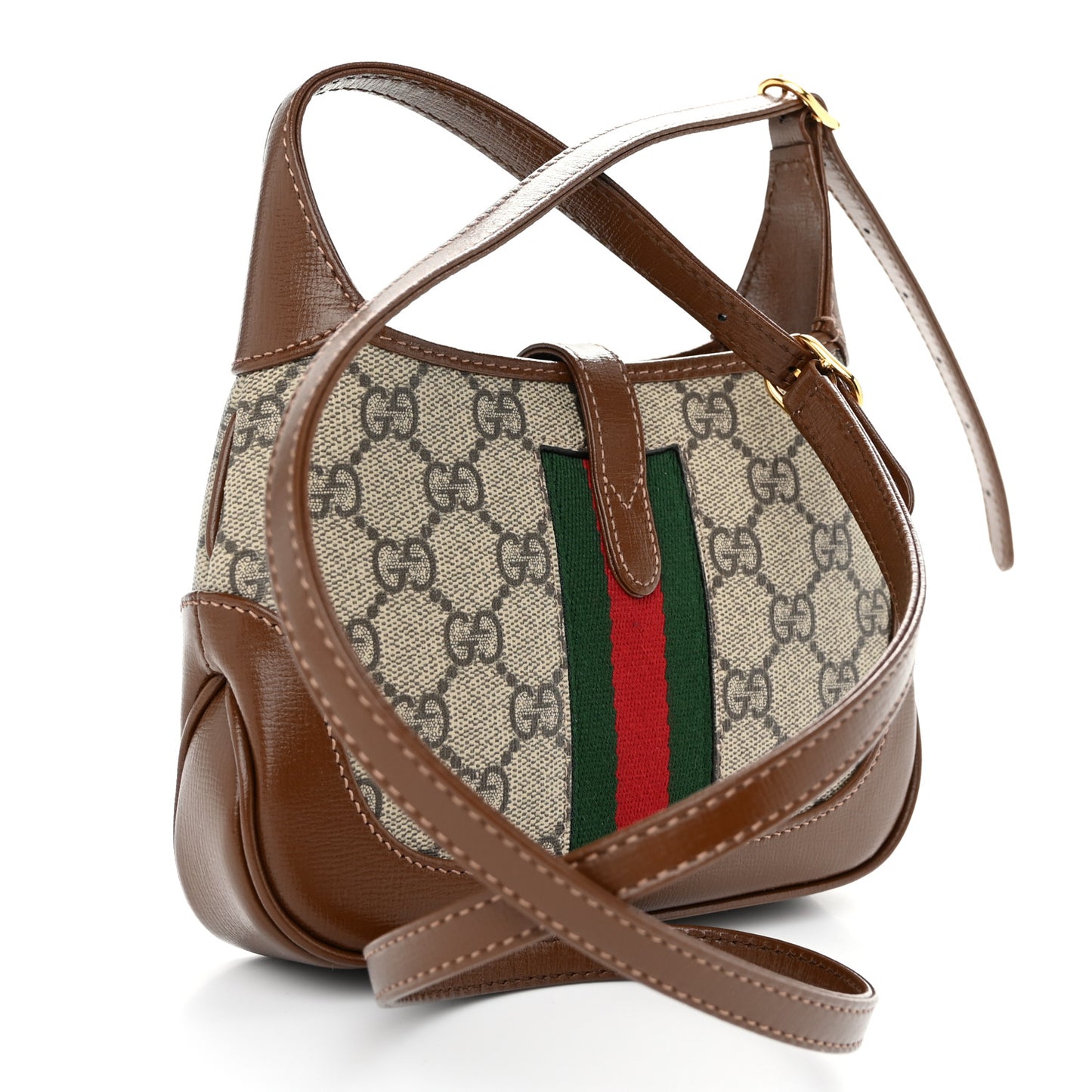 GG Supreme Monogram Azalea Calfskin Web Mini Jackie 1961 Hobo Beige Ebony Brown Sugar