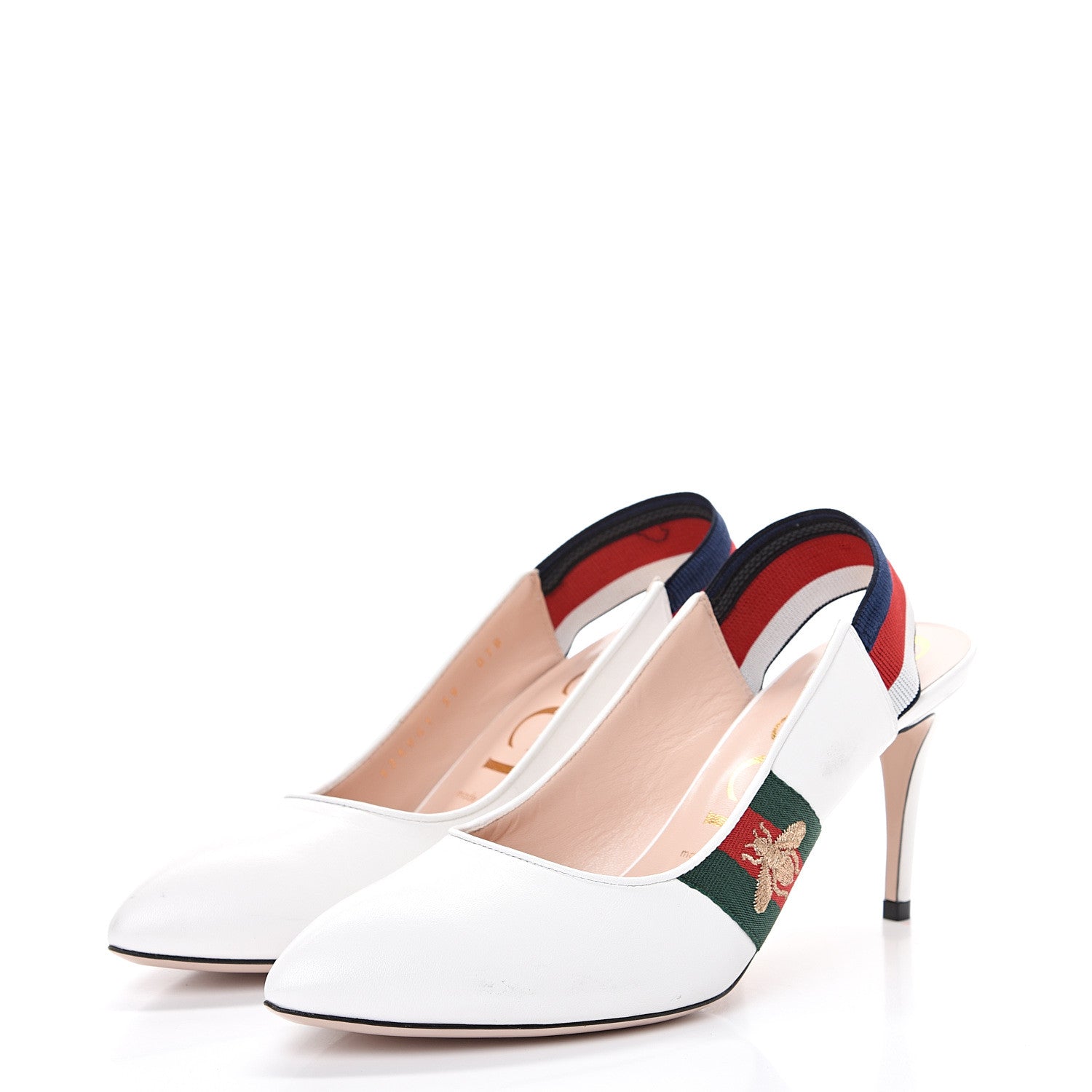 Gucci Malaga Kid Web Sylvie Mid Heel Slingback Pumps 39 White 3 of 11