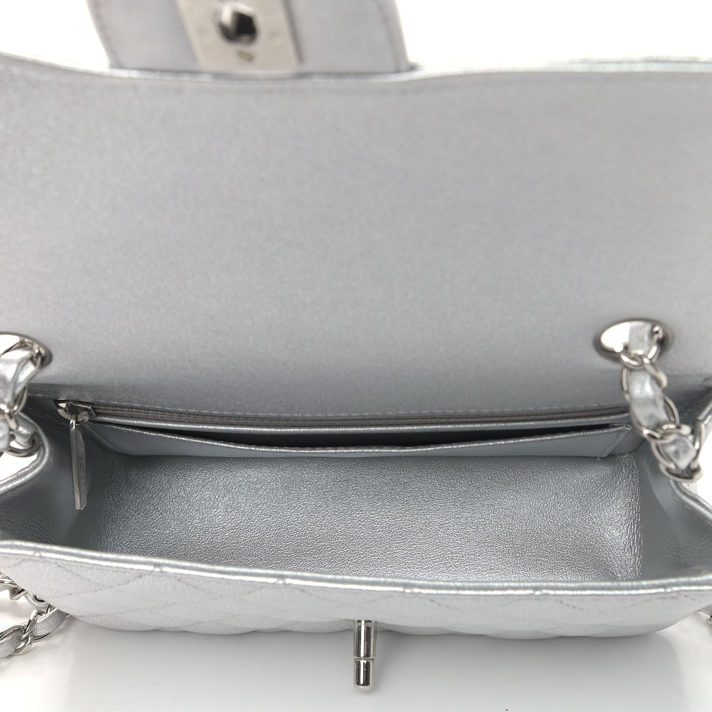 Metallic Lambskin Quilted Mini Rectangular Flap Silver