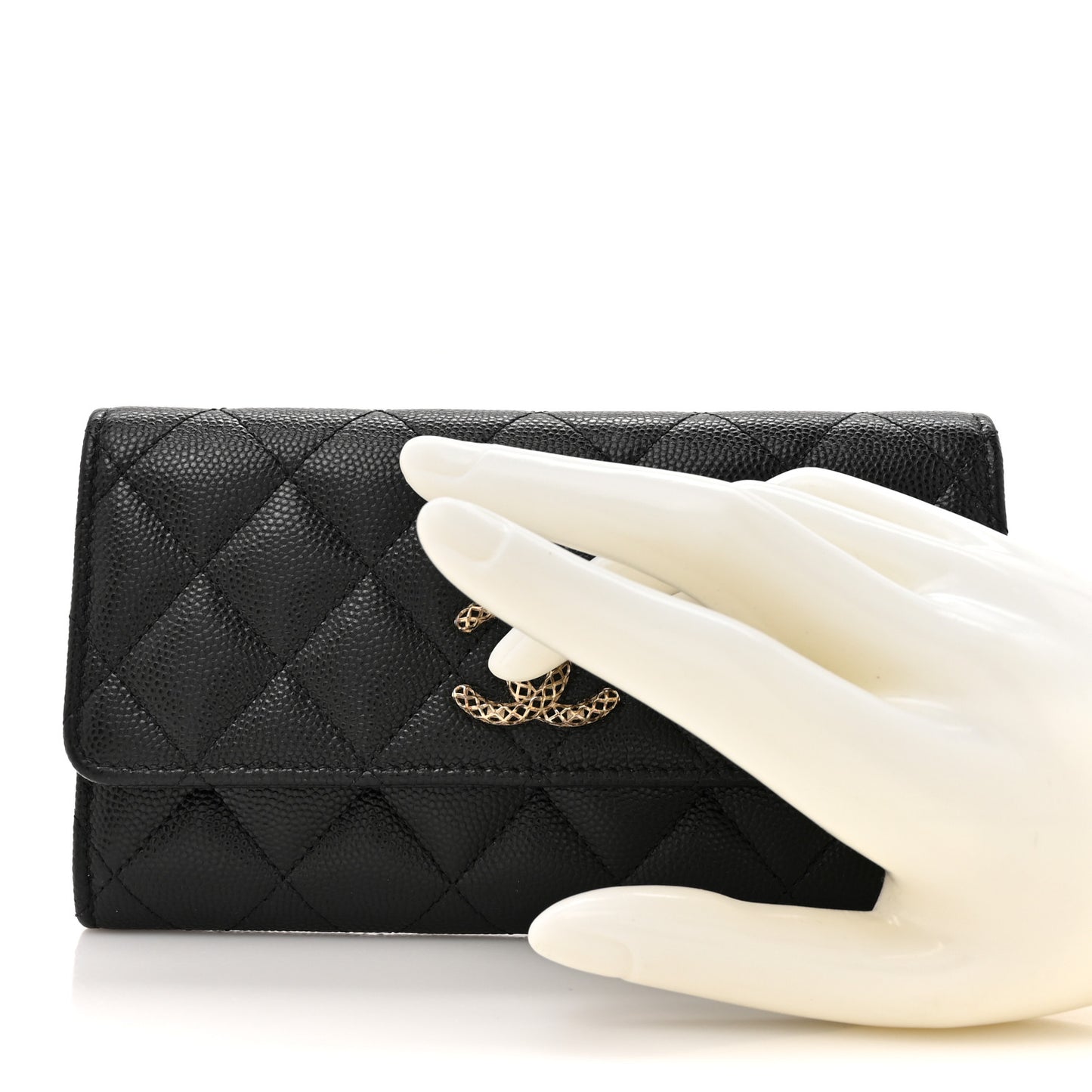 Caviar Metal Perforated Quilted CC Flap Wallet Black