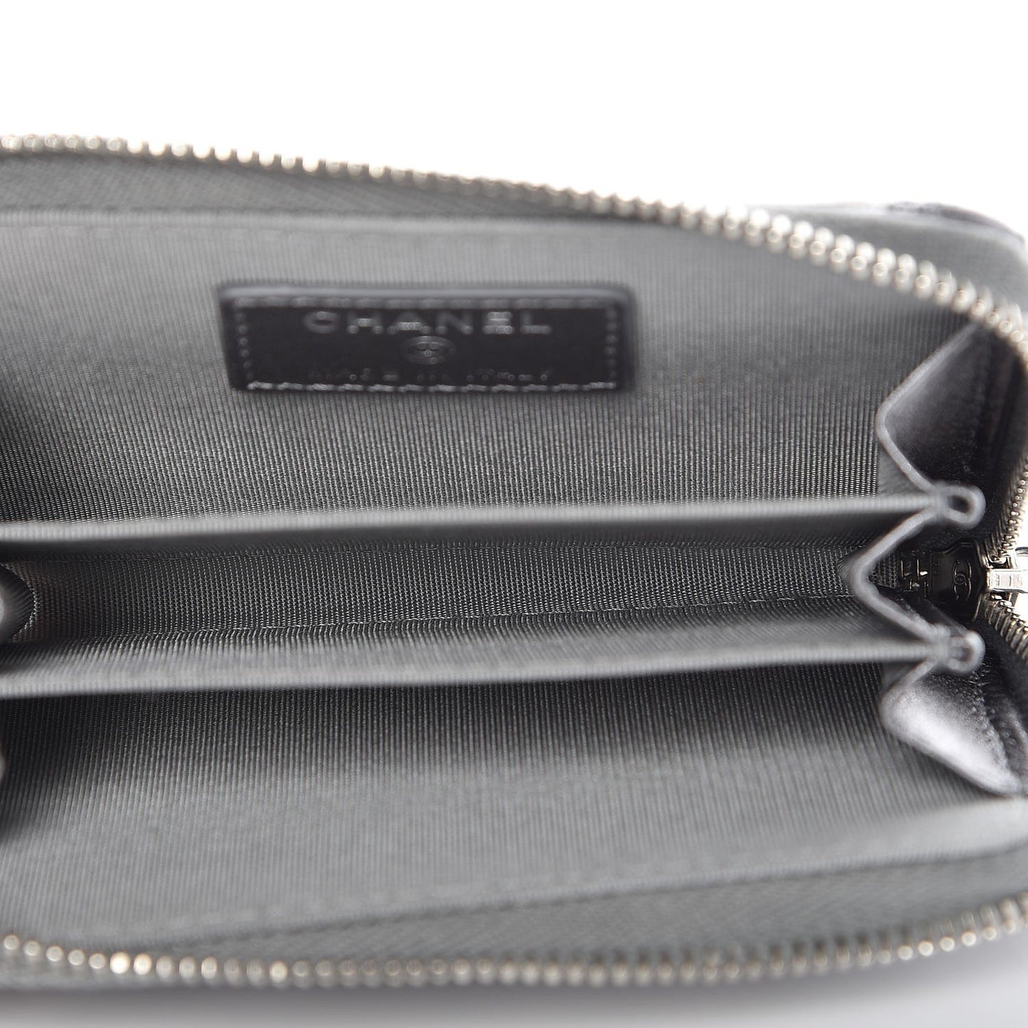 Metallic Lambskin Camellia Embossed Zip Coin Purse Grey