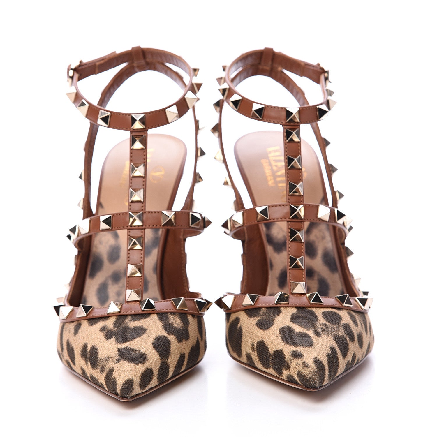 Valentino Garavani Canvas Leopard Print Rockstud Ankle Strap 100mm Pumps 39 Brown 2 of 8
