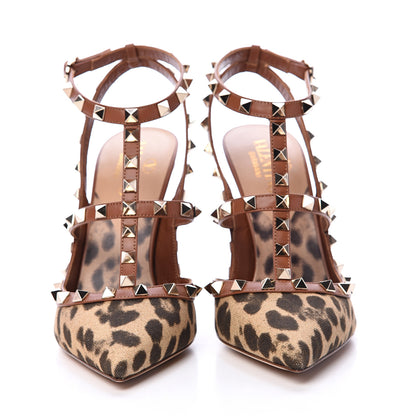 Valentino Garavani Canvas Leopard Print Rockstud Ankle Strap 100mm Pumps 39 Brown 2 of 8