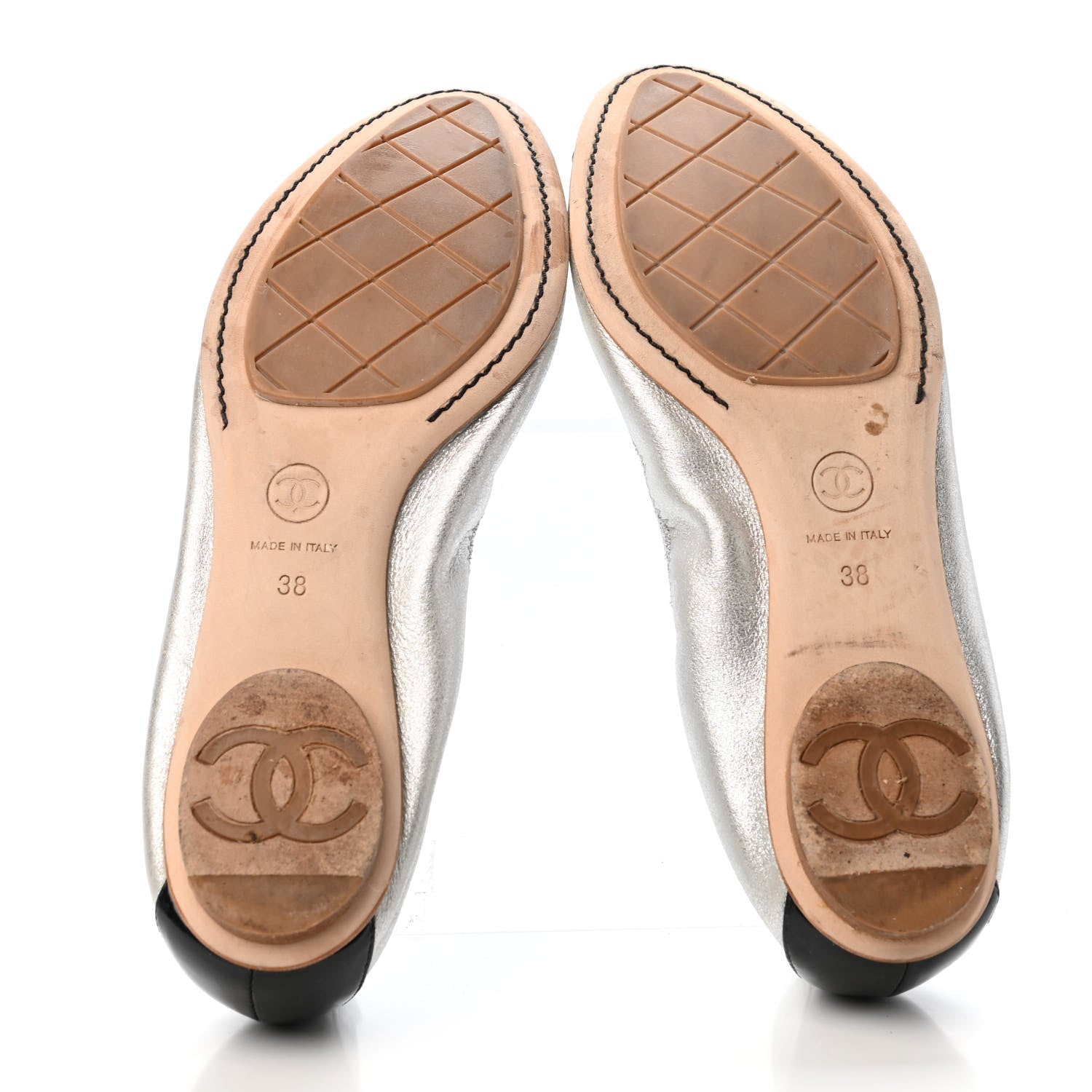 Chanel Metallic Lambskin CC Elastic Cap Toe Ballerina Flats Flats 38 Silver Black 4 of 4