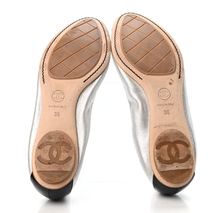 Chanel Metallic Lambskin CC Elastic Cap Toe Ballerina Flats Flats 38 Silver Black 4 of 4