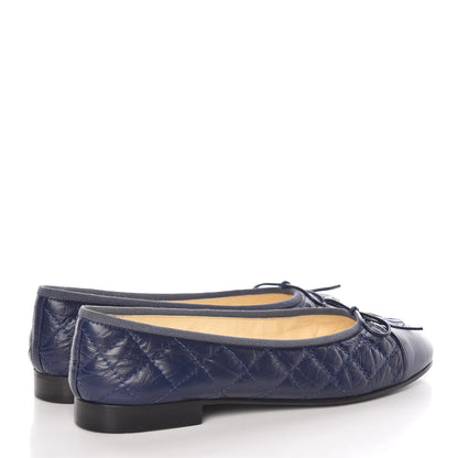 Chanel Aged Calfskin Quilted CC Cap Toe Ballerina Flats 37 Navy 4 of 10