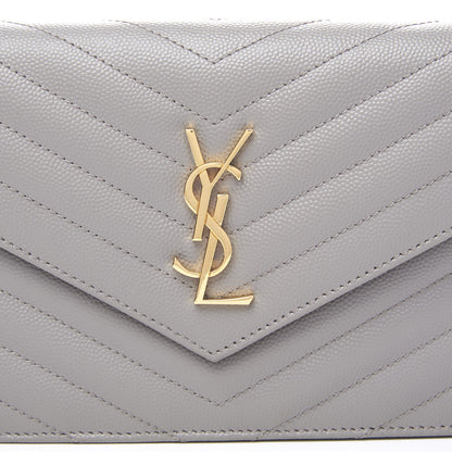 Saint Laurent Grain De Poudre Matelasse Chevron Monogram Envelope Chain Wallet Oyster Grey 10 of 10
