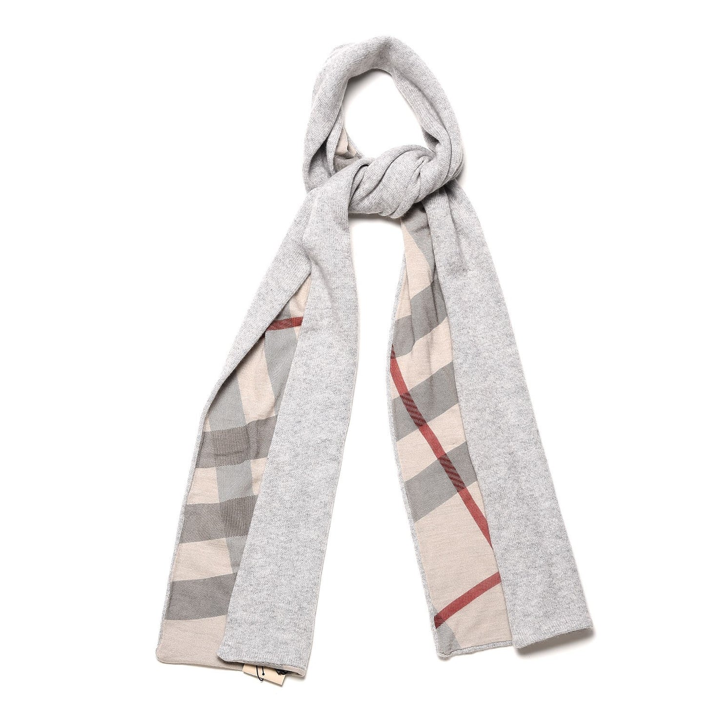 Cashmere Knitted Giant Check Scarf Pale Grey Melange