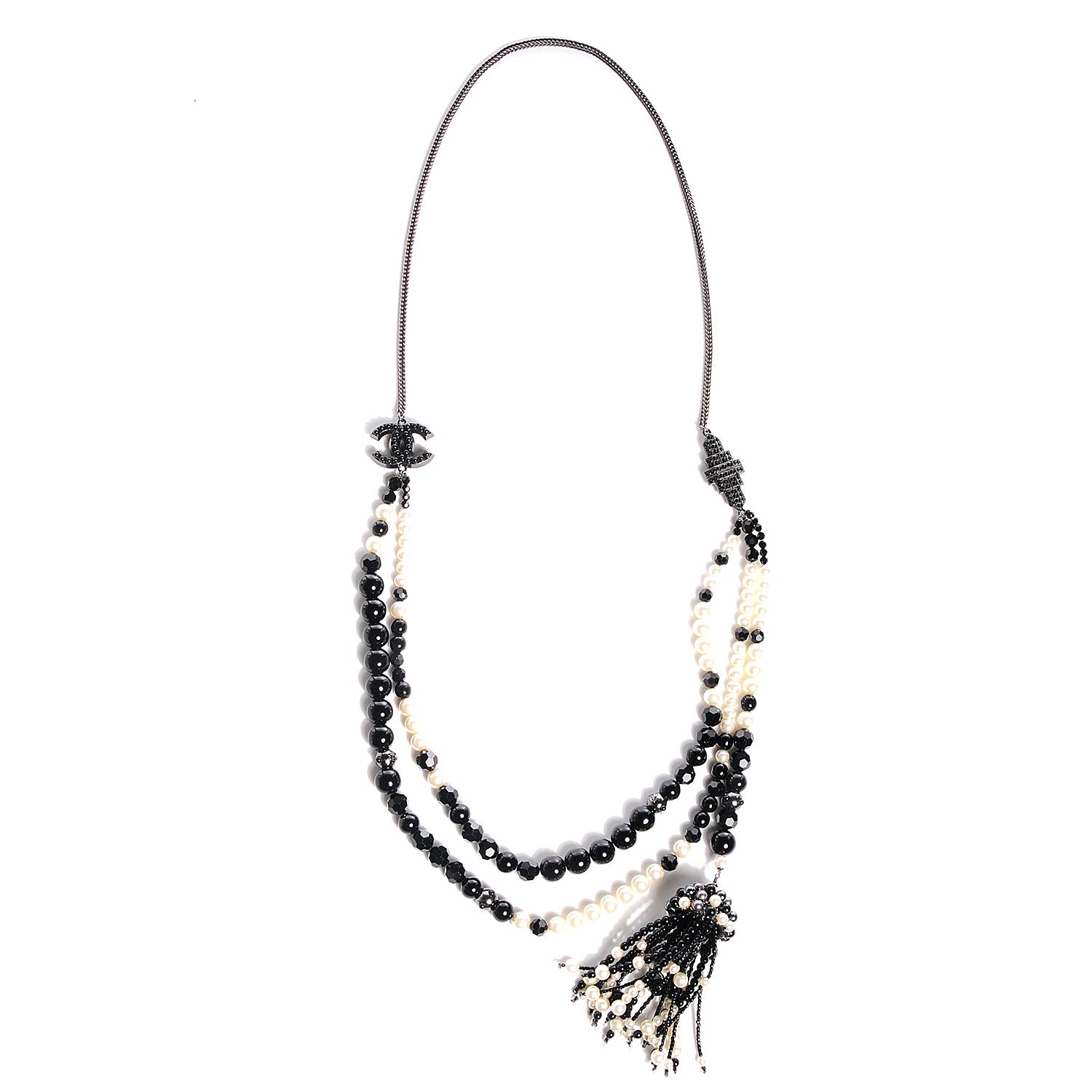 Chanel Pearl Beaded Crystal CC Tassel Necklace Black 1 of 30